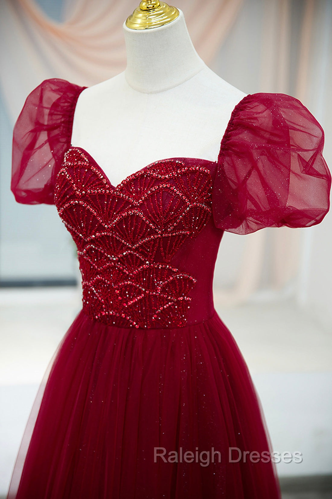 Burgundy Tulle Beaded Long Prom Dress, A-Line Short Sleeve Evening Dress Secondary image