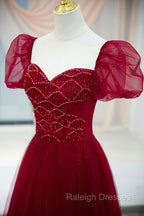 Burgundy Tulle Beaded Long Prom Dress, A-Line Short Sleeve Evening Dress