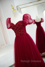 Burgundy Tulle Beaded Long Prom Dress, A-Line Short Sleeve Evening Dress