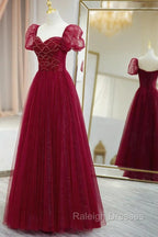 Burgundy Tulle Beaded Long Prom Dress, A-Line Short Sleeve Evening Dress