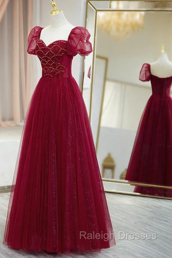 Burgundy Tulle Beaded Long Prom Dress, A-Line Short Sleeve Evening Dress