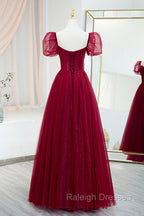 Burgundy Tulle Beaded Long Prom Dress, A Line Short Sleeve Prom Dress