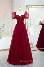 Burgundy Tulle Beaded Long Prom Dress, A Line Short Sleeve Prom Dress