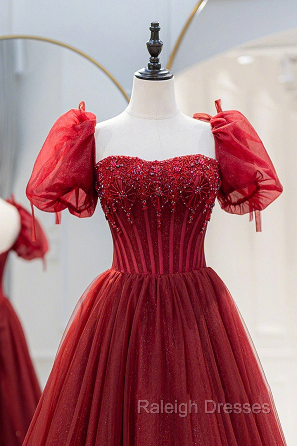 Burgundy Tulle Beaded Long Prom Dress, A-Line Short Sleeve Formal Dress Secondary image