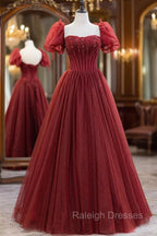 Burgundy Tulle Beaded Long Prom Dress, A-Line Short Sleeve Formal Dress