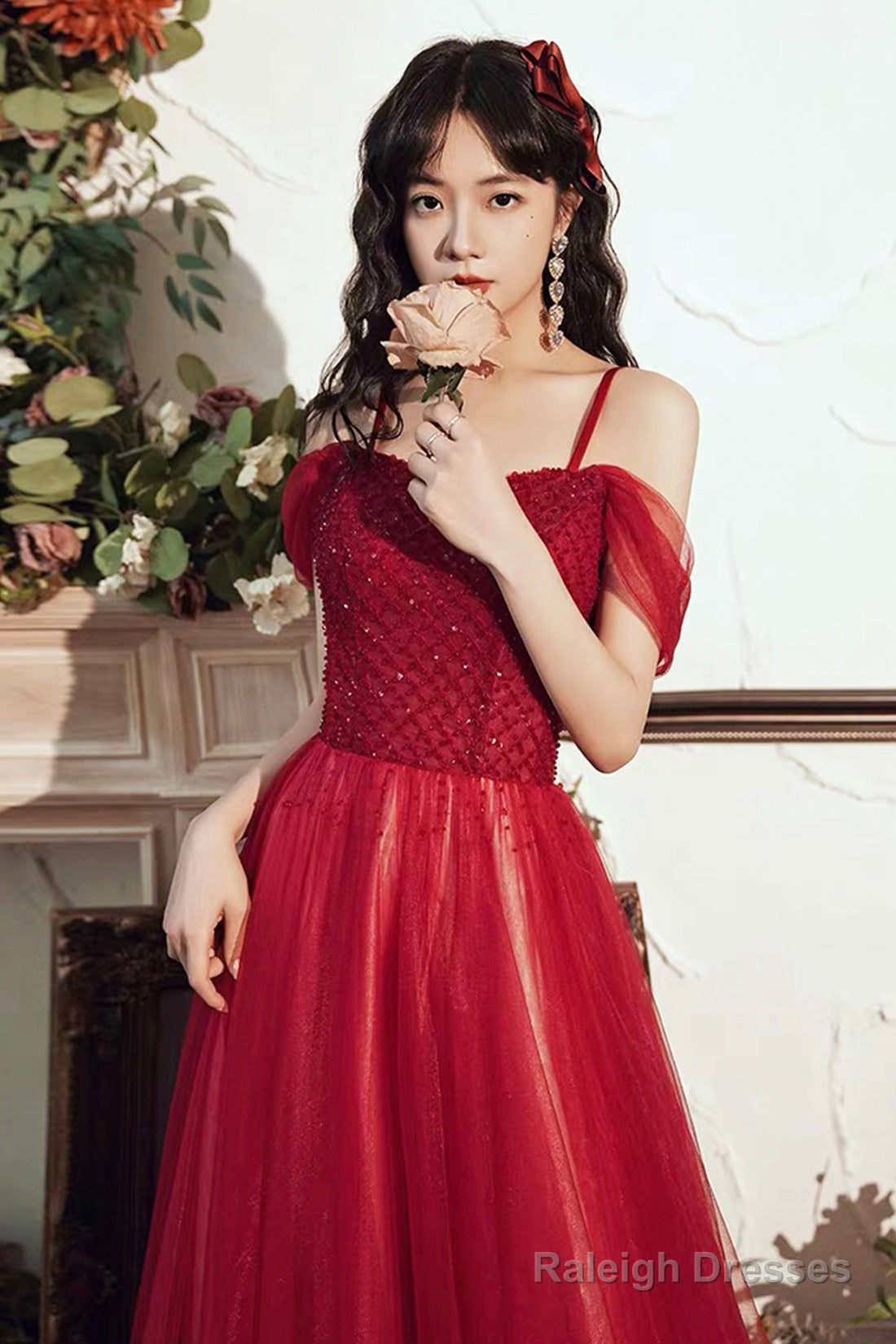 Burgundy Tulle Beaded Long Prom Dress, Beautiful Spaghetti Strap Evening Party Dress Secondary image