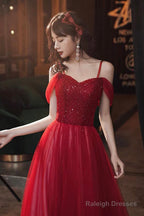 Burgundy Tulle Beaded Long Prom Dress, Beautiful Spaghetti Strap Evening Party Dress