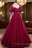 Burgundy Tulle Beaded Long Sleeve Prom Dress, A-Line Evening Graduation Dress