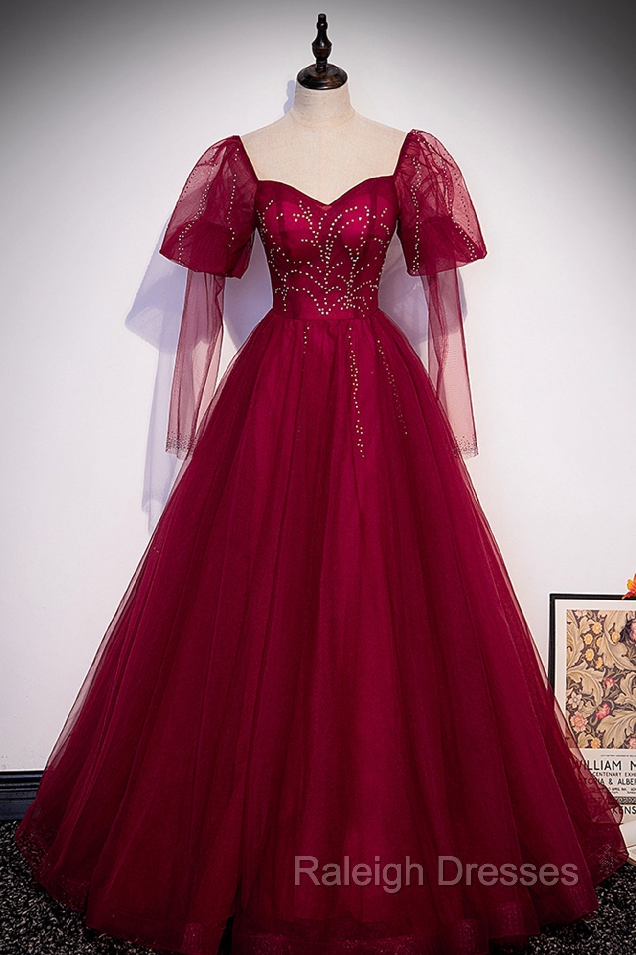 Burgundy Tulle Beaded Long Sleeve Prom Dress, A Line Prom Graduation Dress Main image
