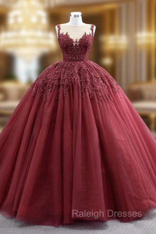Burgundy Tulle Beading Sequins Illusion Neck Prom Dress
