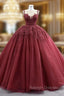 Burgundy Tulle Beading Sequins Illusion Neck Prom Dress