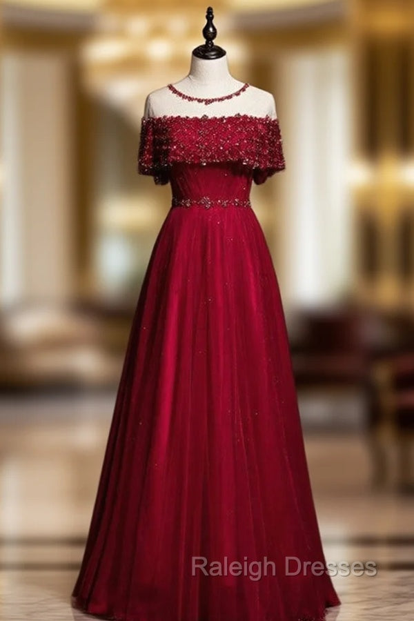 Burgundy Tulle Beading Sequins Lotus Leaf Sleeve Prom Dress