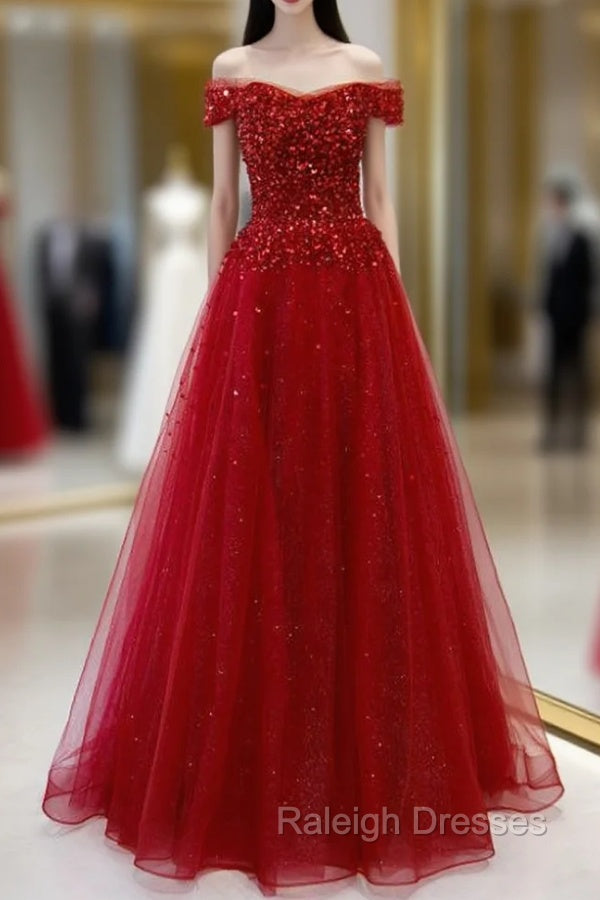 Burgundy Tulle Beading Sequins Off the Shoulder Prom Dress