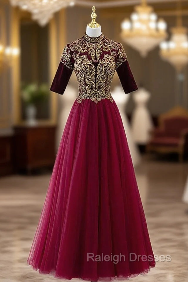 Burgundy Tulle Beading Short Sleeve Prom Dress