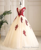 Burgundy Tulle Beads Lace Long Prom Dress Sweet 16 Dress