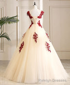 Burgundy Tulle Beads Lace Long Prom Dress Sweet 16 Dress