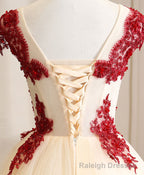 Burgundy Tulle Beads Lace Long Prom Dress Sweet 16 Dress