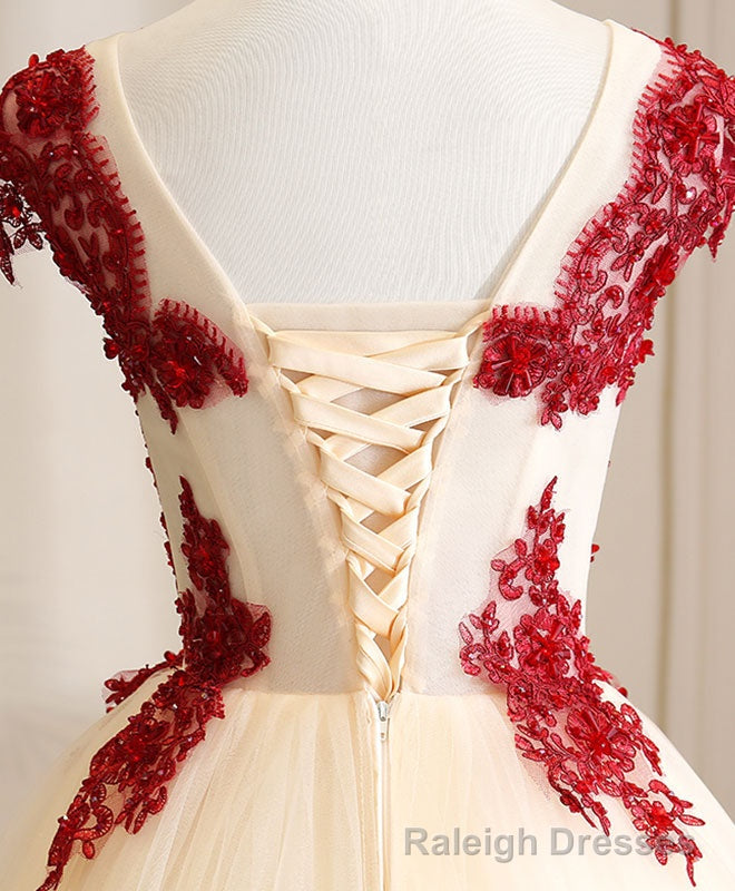 Burgundy Tulle Beads Lace Long Prom Dress Sweet 16 Dress