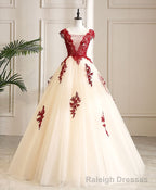 Burgundy Tulle Beads Lace Long Prom Dress Sweet 16 Dress
