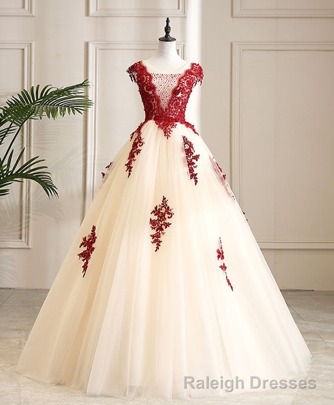 Burgundy Tulle Beads Lace Long Prom Dress Sweet 16 Dress