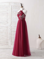 Burgundy Tulle Beads Long Prom Dress Burgundy Prom Dress