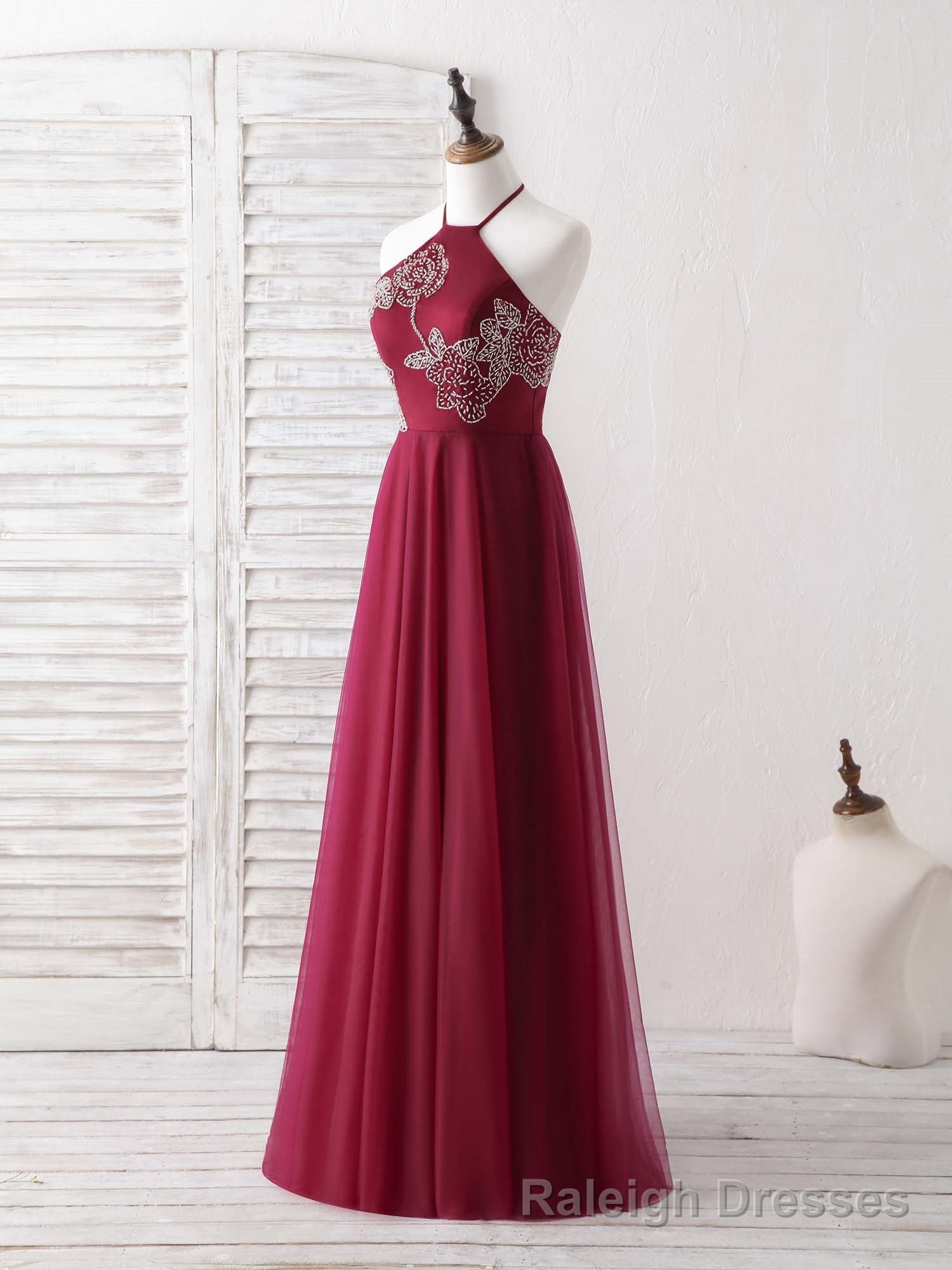 Burgundy Tulle Beads Long Prom Dress Burgundy Prom Dress
