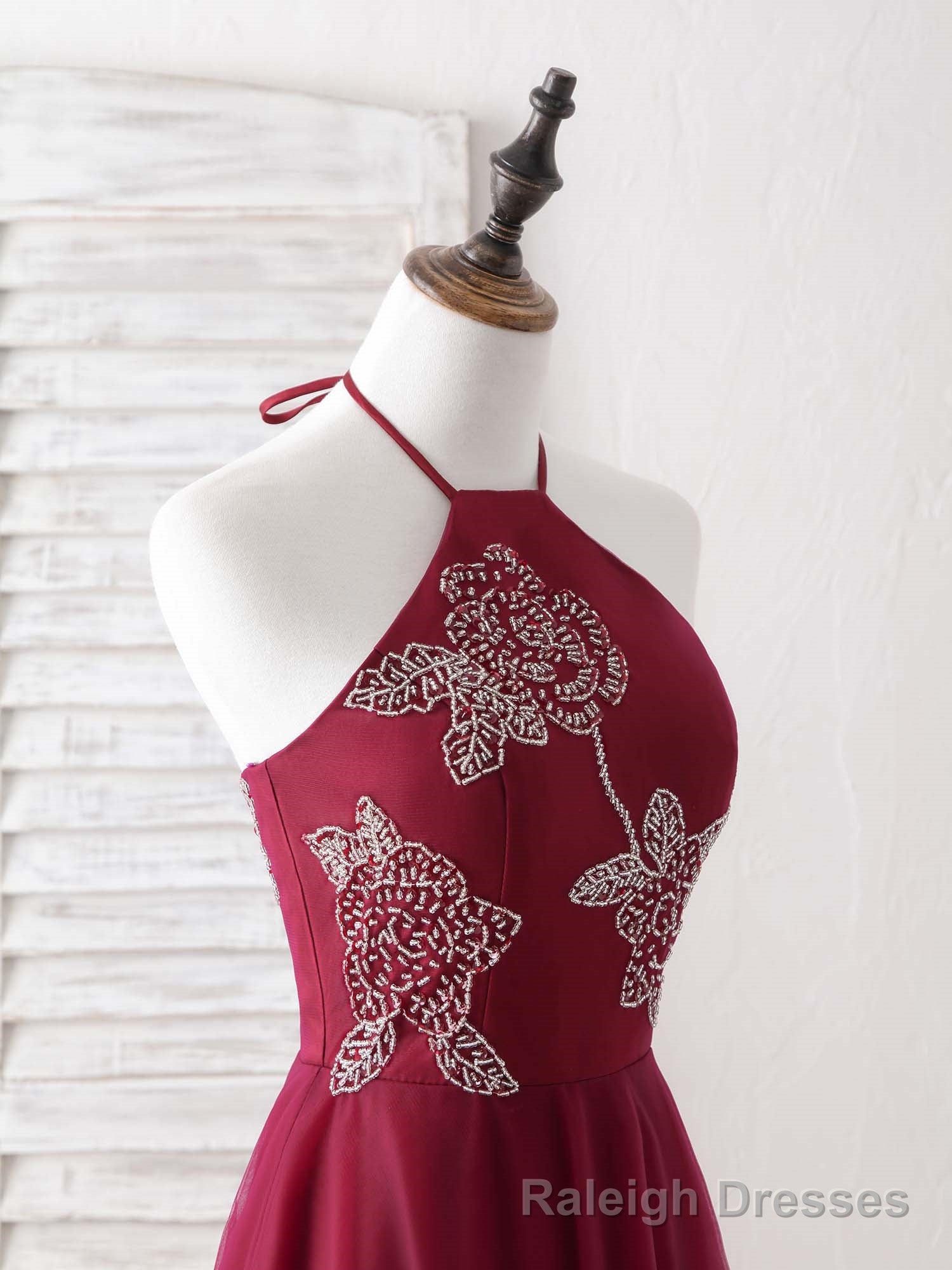 Burgundy Tulle Beads Long Prom Dress Burgundy Evening Dress