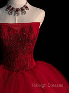 Burgundy Tulle Beads Long Prom Dress, Burgundy Tulle Formal Party Dress