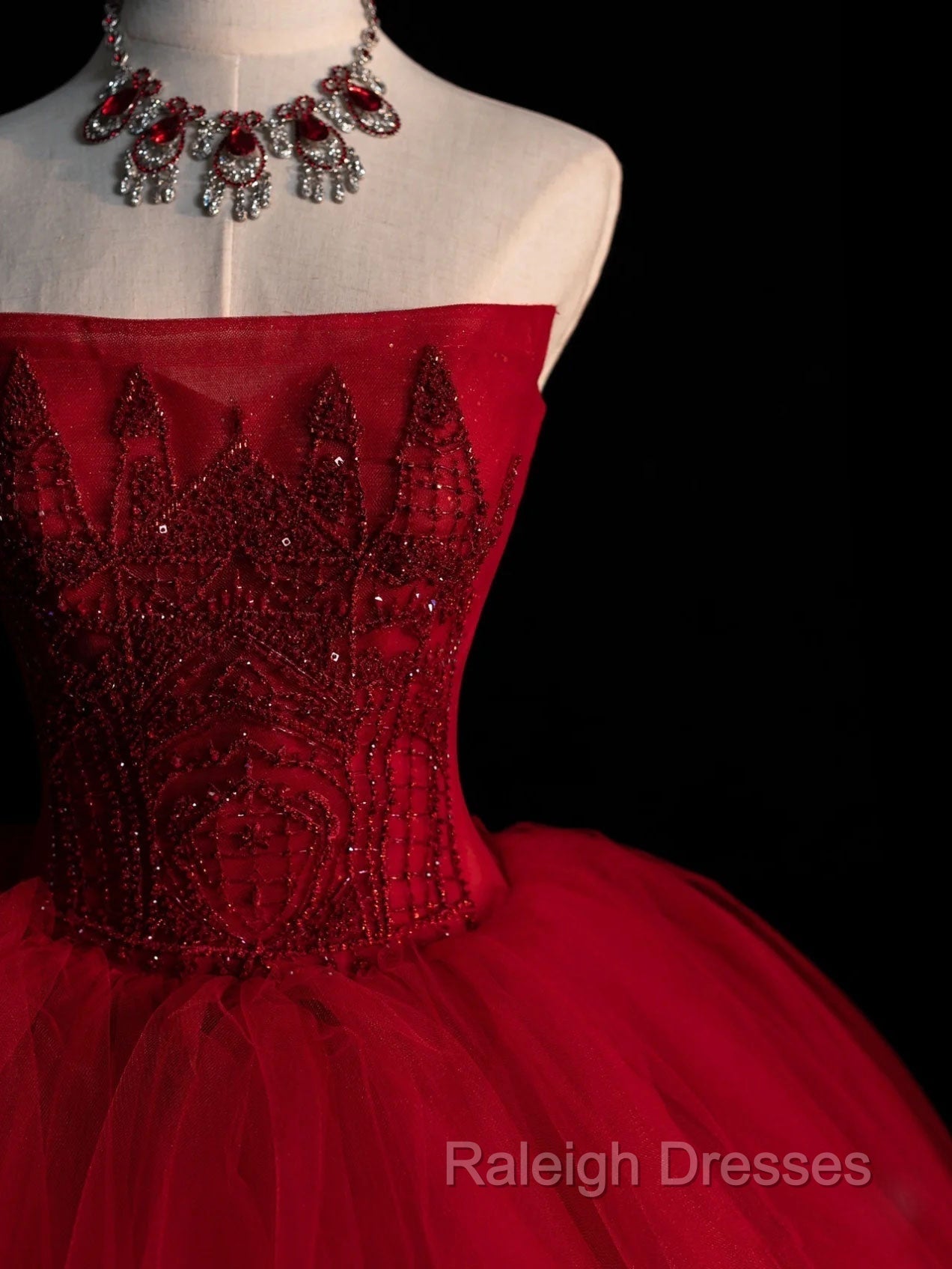 Burgundy Tulle Beads Long Prom Dress, Burgundy Tulle Formal Party Dress