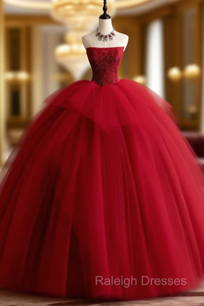 Burgundy Tulle Beads Long Prom Dress, Burgundy Tulle Formal Party Dress Main image
