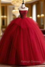 Burgundy Tulle Beads Long Prom Dress, Burgundy Tulle Formal Party Dress