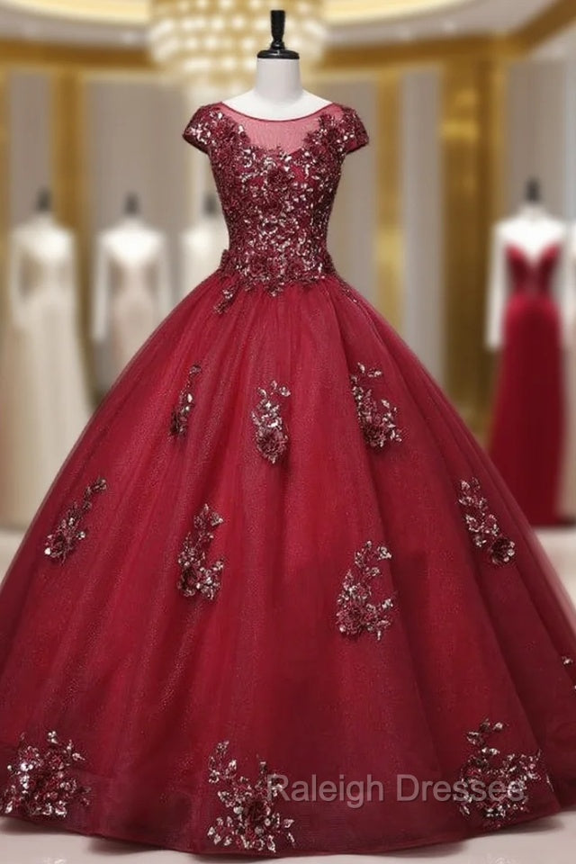 Burgundy Tulle Cap Sleeve Backless Appliques Quinceanera Dress