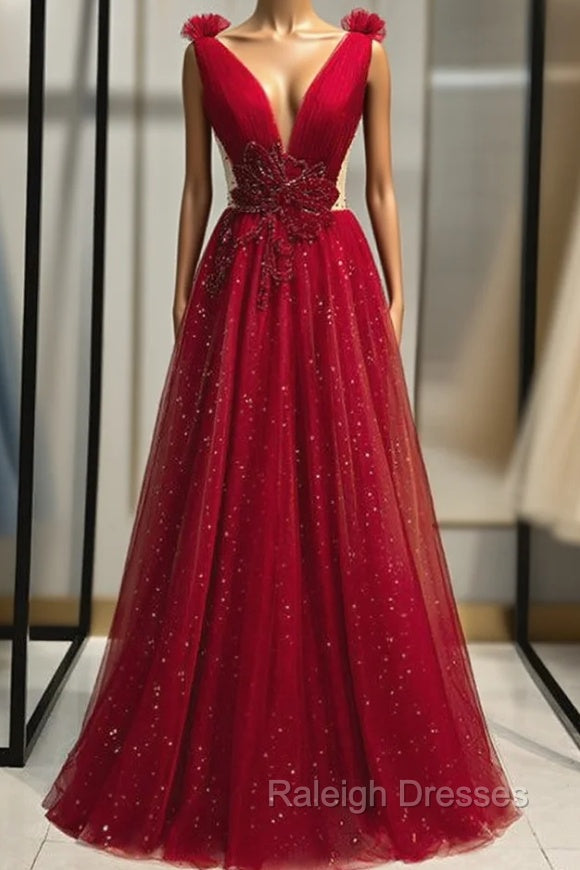 Burgundy Tulle Deep V-neck Backless Beading Prom Dress Main image