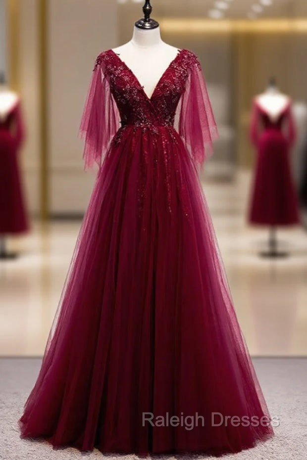 Burgundy Tulle Deep V-neck Beading Prom Dress Main image