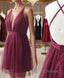 Burgundy Tulle Deep V-neck Homecoming Dress