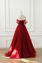 Burgundy Tulle Floor Length A-Line Formal Dress, Off The Shoulder Evening Party Dress