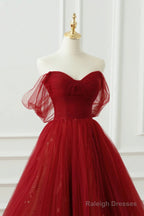 Burgundy Tulle Floor Length A-Line Formal Dress, Off The Shoulder Evening Party Dress