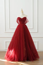Burgundy Tulle Floor Length A-Line Formal Dress, Off The Shoulder Evening Party Dress