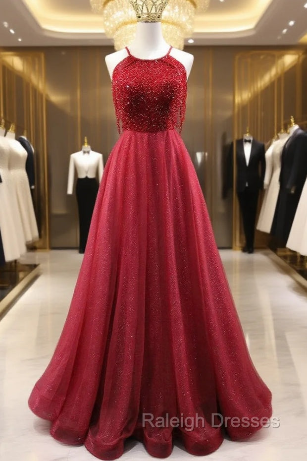 Burgundy Tulle Halter Beading Prom Dress Main image