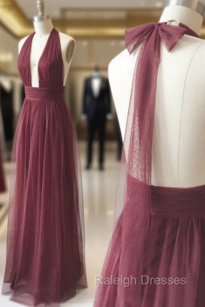 Burgundy Tulle Halter Deep V-neck Backless Prom Dress