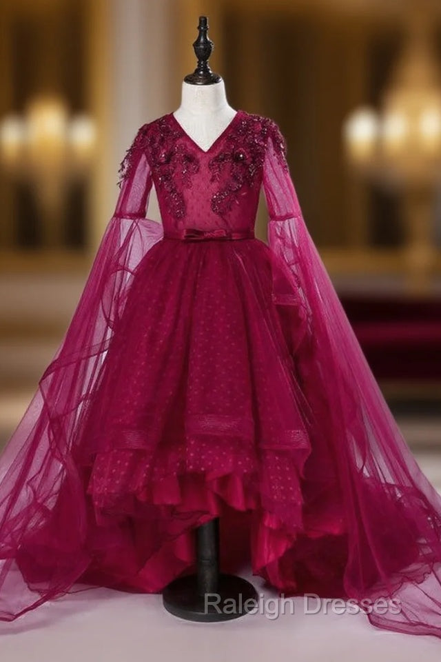 Burgundy Tulle Appliques V Neck Short Sleeve Girl Dress Main image