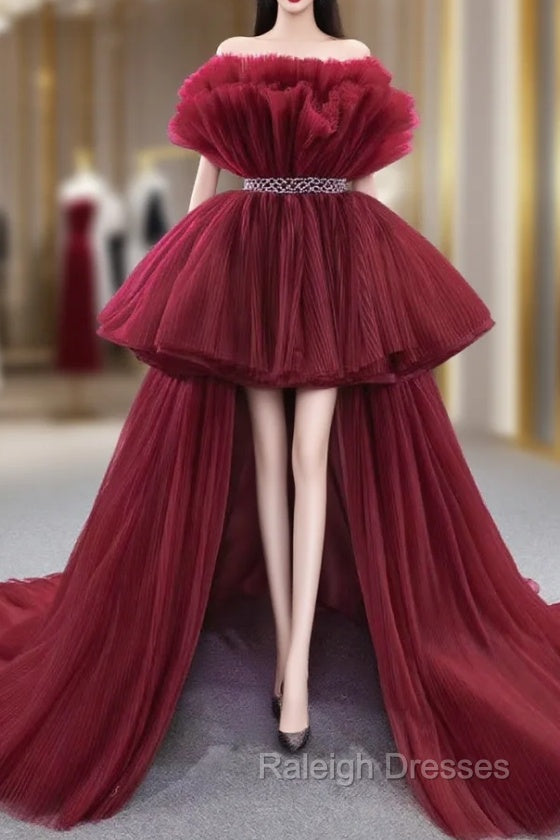 Burgundy Tulle  Strapless Prom Dress