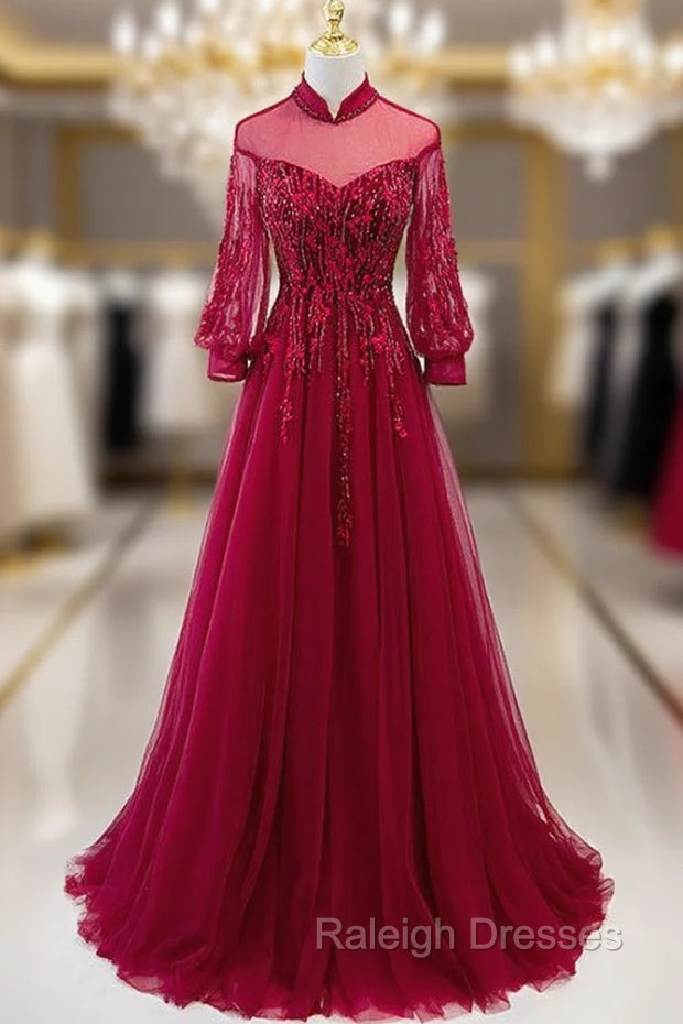 Burgundy Tulle High Neck Long Sleeve Appliques Prom Dress Main image
