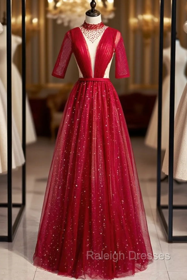 Burgundy Tulle High Neck Short Sleeve Pleats Beading Prom Dress