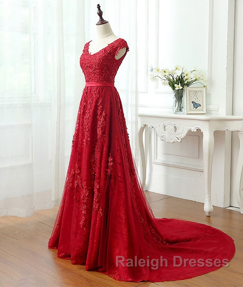 Burgundy tulle lace applique long prom dress, burgundy evening dress Secondary image