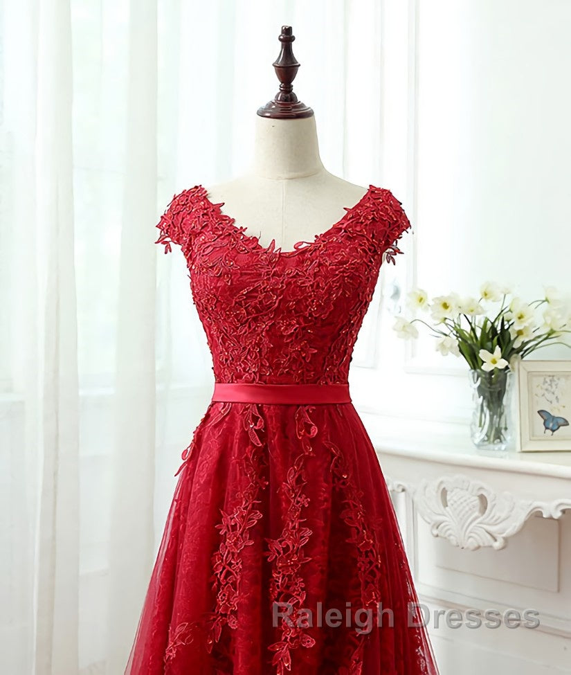 Burgundy tulle lace applique long prom Dresses burgundy Prom Dresses