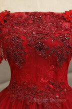 Burgundy Tulle Lace Long Prom Dresses Burgundy A Line Prom Gown