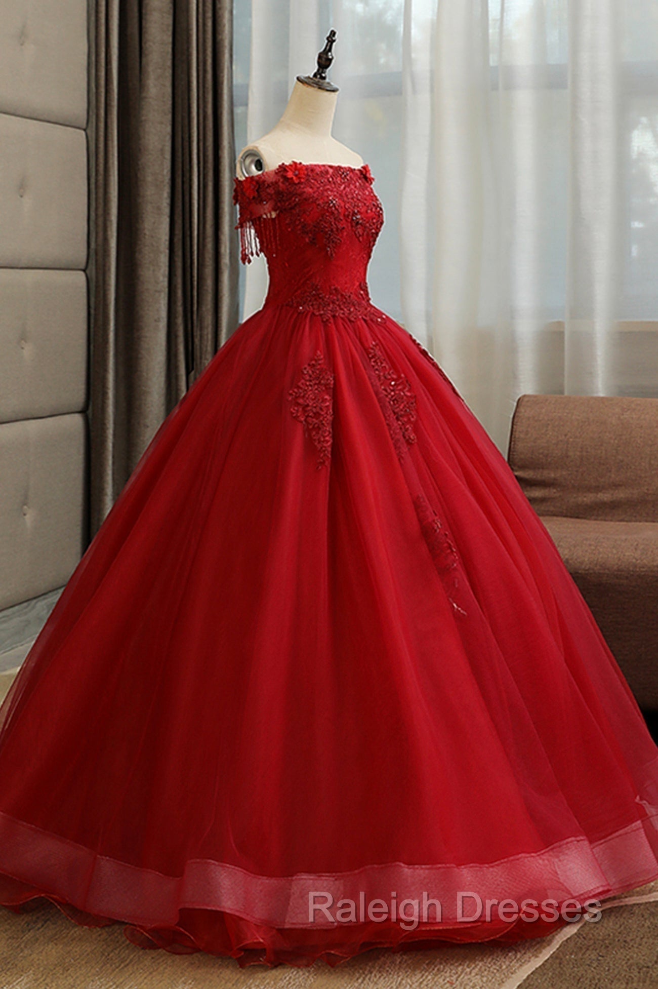 Burgundy Tulle Lace Long Prom Dress, Burgundy A-Line Evening Gown Secondary image