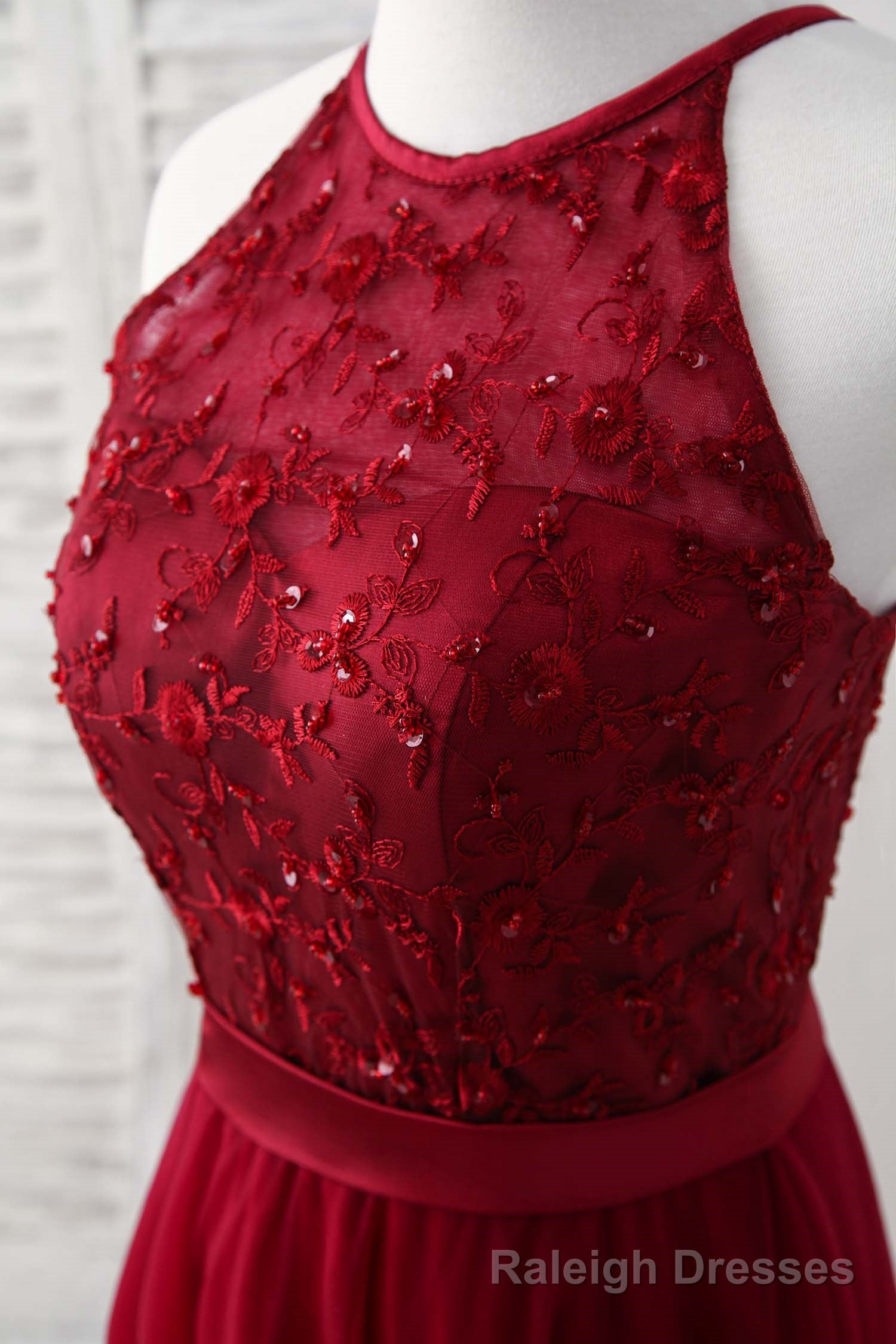 Burgundy Tulle Lace Long Prom Dress, Burgundy Bridesmaid Dress