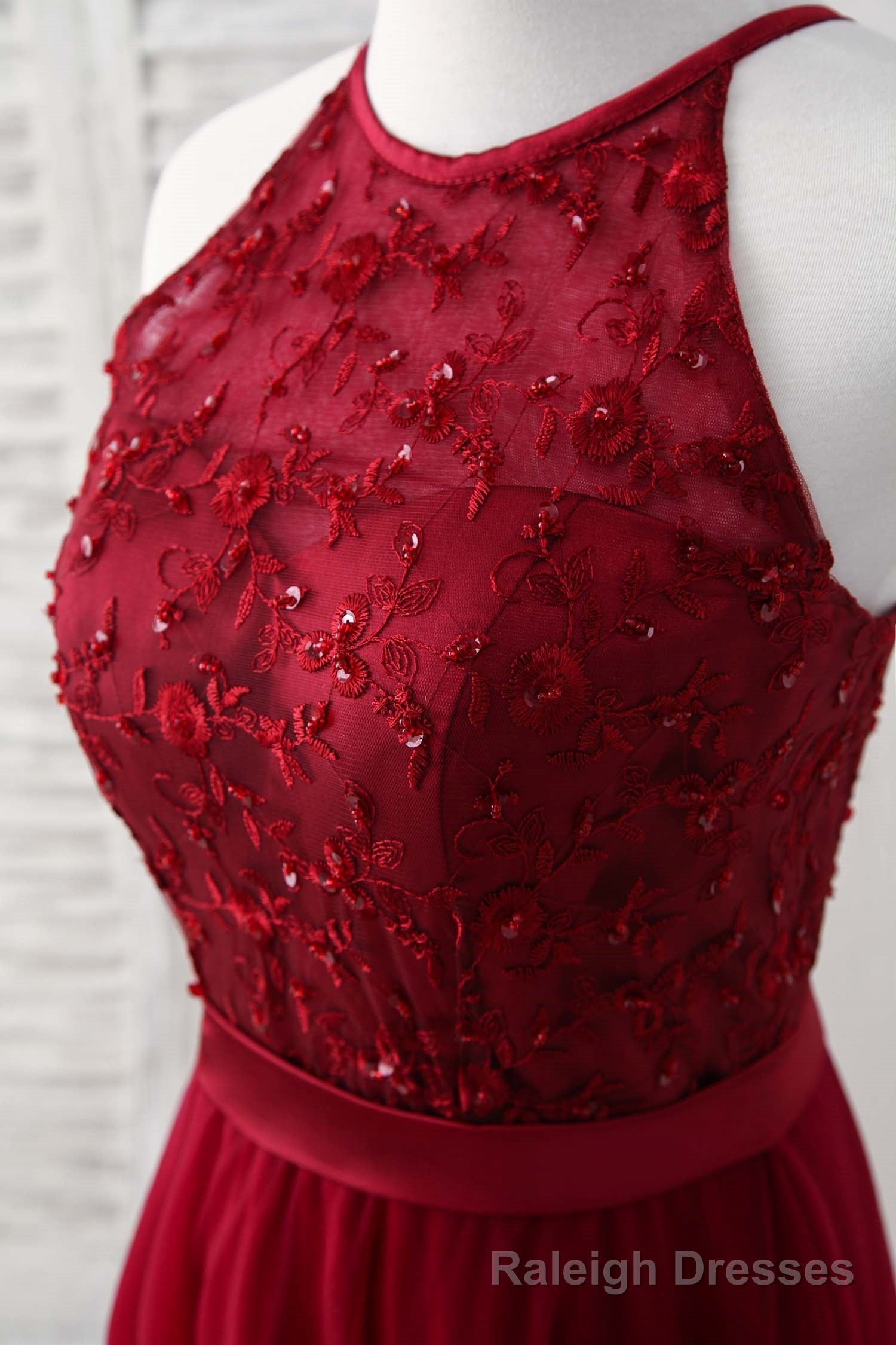 Burgundy Tulle Lace Long Prom Dress, Burgundy Bridesmaid Dress